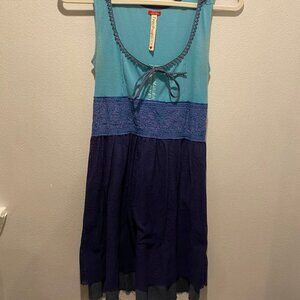Free People Embroided Teal Blue & Navy Dress, Women's Small